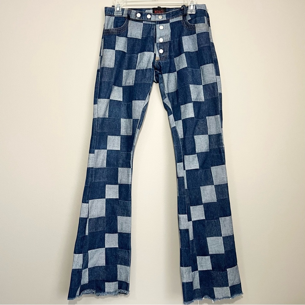 Patchwork Checkerboard Bootcut Flare Jeans 30 Fringe Hippie Retro Snap Front
